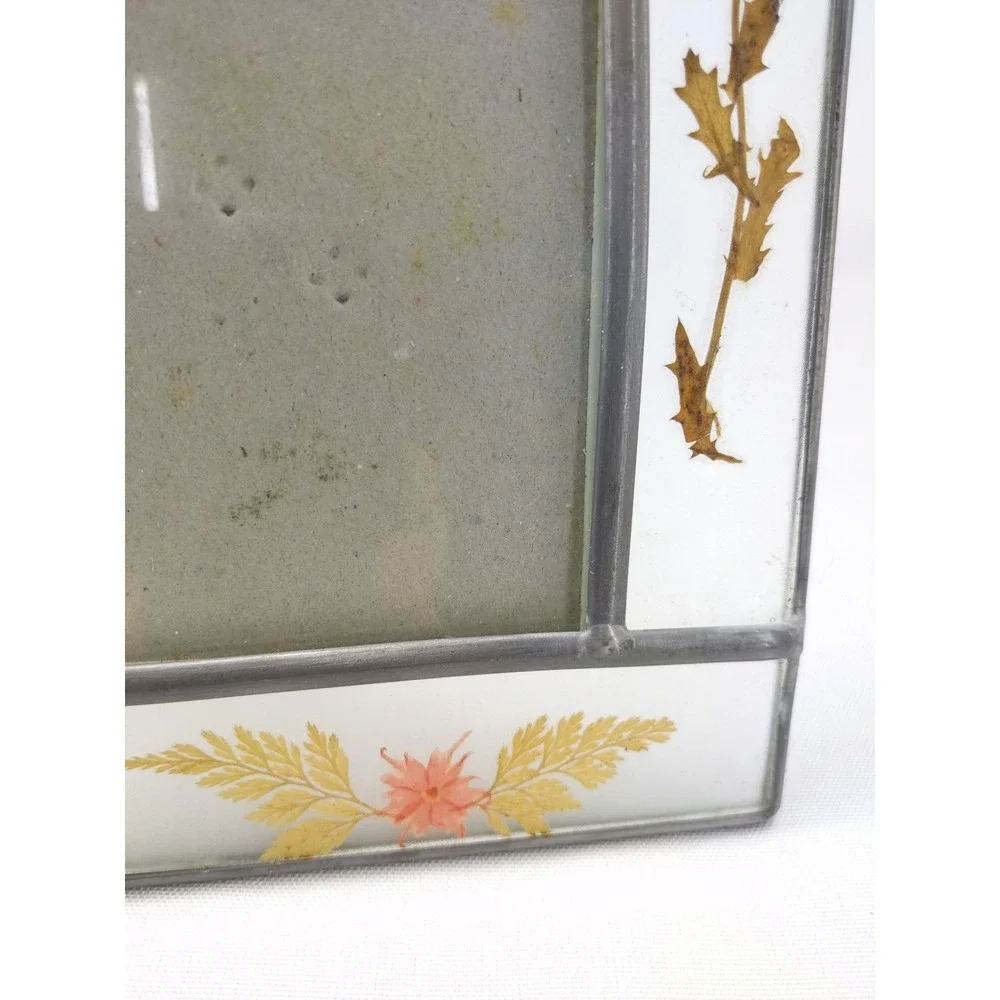 Vintage Stained Glass Picture Frame Clear Pressed Dried Flowers Leaded Metal